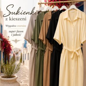Sukienka koszulowa oversize kolory , z kieszeniami, wiązana włoska - obrazek 2