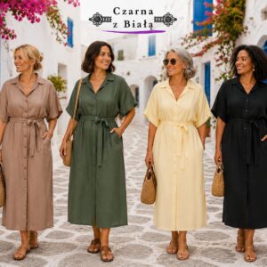 Sukienka koszulowa oversize kolory , z kieszeniami, wiązana włoska - obrazek 3