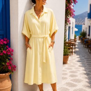 Sukienka koszulowa oversize kolory , z kieszeniami, wiązana włoska - obrazek 6