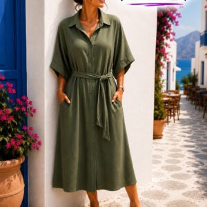Sukienka koszulowa oversize kolory , z kieszeniami, wiązana włoska - obrazek 7