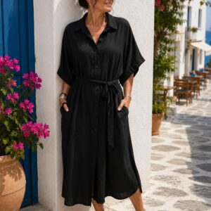 Sukienka koszulowa oversize kolory , z kieszeniami, wiązana włoska - obrazek 10